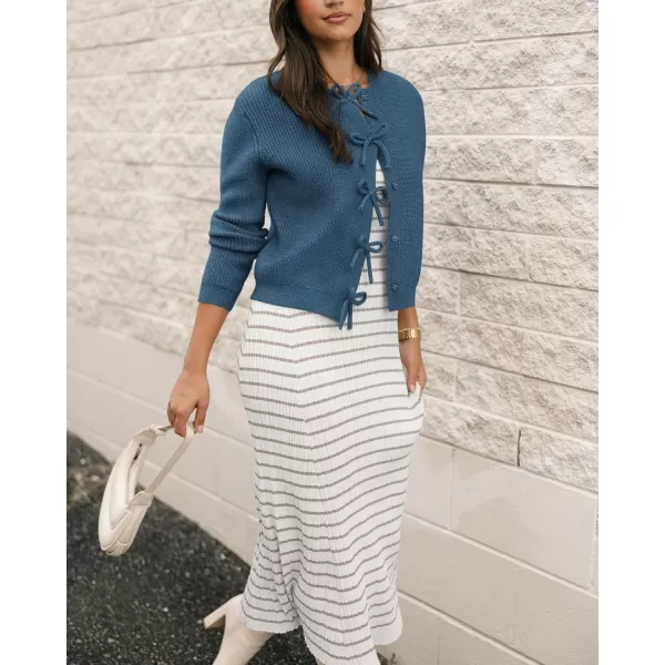 BTFBM Cardigan Sweaters for Women Trendy 2024 Fall Open Front Long Sleeve Button Down Bow Knot Cropped Lady JacketBlue