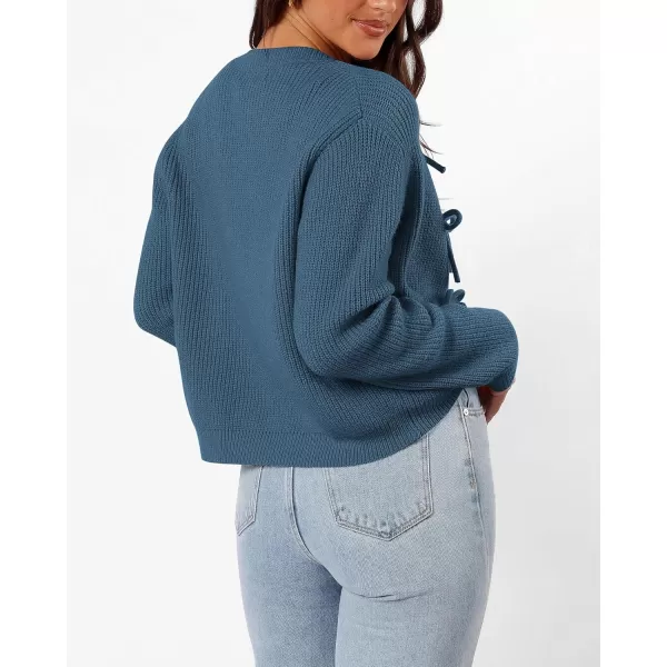 BTFBM Cardigan Sweaters for Women Trendy 2024 Fall Open Front Long Sleeve Button Down Bow Knot Cropped Lady JacketBlue