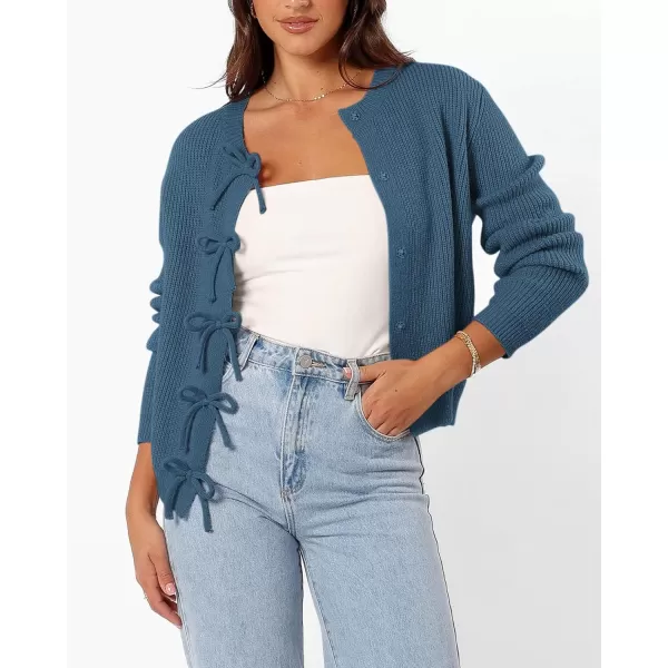 BTFBM Cardigan Sweaters for Women Trendy 2024 Fall Open Front Long Sleeve Button Down Bow Knot Cropped Lady JacketBlue