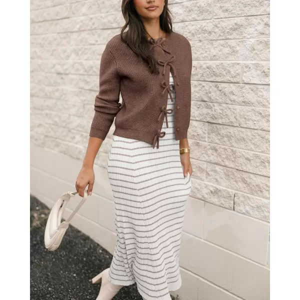 BTFBM Cardigan Sweaters for Women Trendy 2024 Fall Open Front Long Sleeve Button Down Bow Knot Cropped Lady JacketBrown