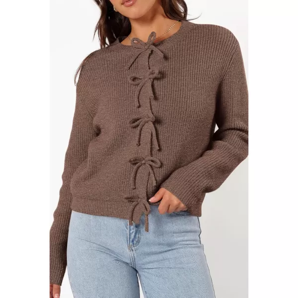 BTFBM Cardigan Sweaters for Women Trendy 2024 Fall Open Front Long Sleeve Button Down Bow Knot Cropped Lady JacketBrown