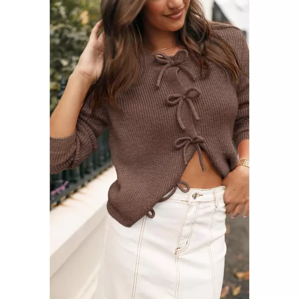 BTFBM Cardigan Sweaters for Women Trendy 2024 Fall Open Front Long Sleeve Button Down Bow Knot Cropped Lady JacketBrown
