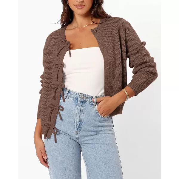 BTFBM Cardigan Sweaters for Women Trendy 2024 Fall Open Front Long Sleeve Button Down Bow Knot Cropped Lady JacketBrown