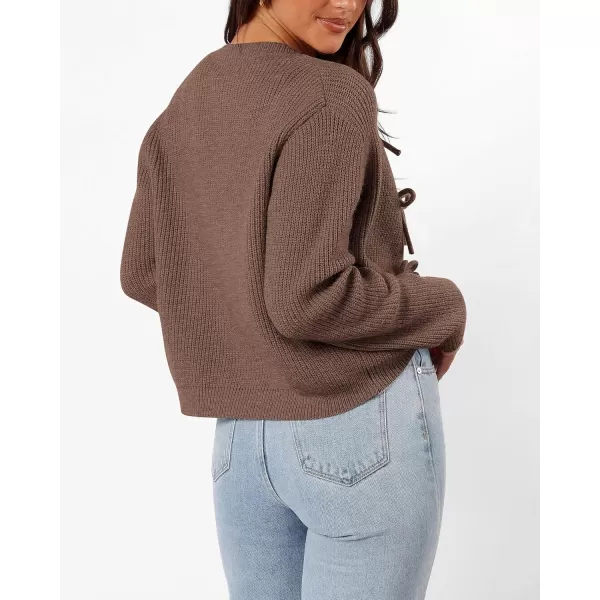 BTFBM Cardigan Sweaters for Women Trendy 2024 Fall Open Front Long Sleeve Button Down Bow Knot Cropped Lady JacketBrown