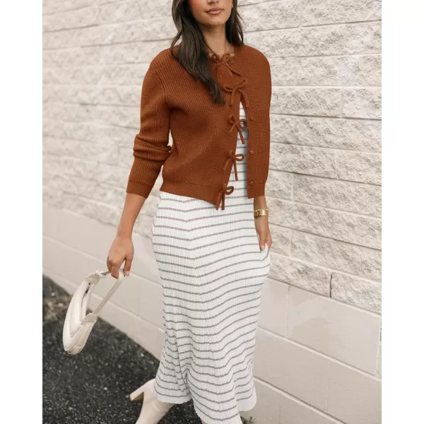 BTFBM Cardigan Sweaters for Women Trendy 2024 Fall Open Front Long Sleeve Button Down Bow Knot Cropped Lady JacketCaramel