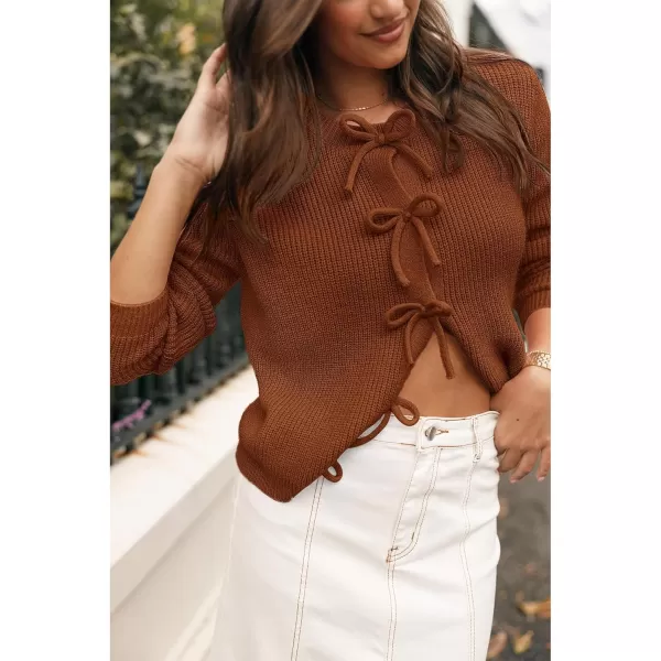 BTFBM Cardigan Sweaters for Women Trendy 2024 Fall Open Front Long Sleeve Button Down Bow Knot Cropped Lady JacketCaramel
