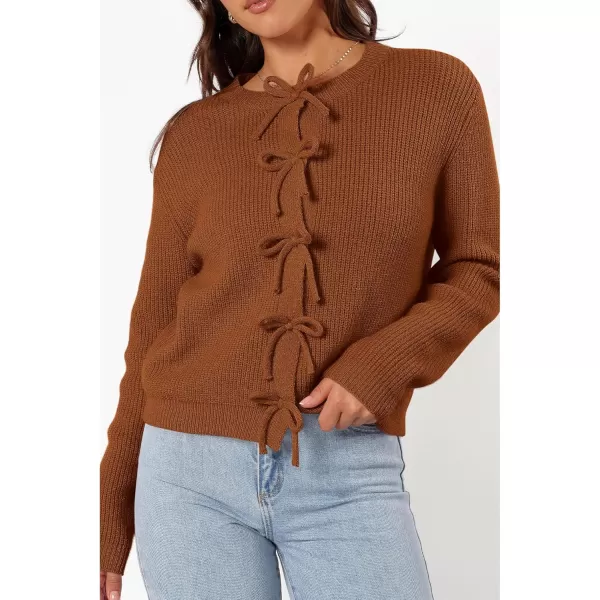 BTFBM Cardigan Sweaters for Women Trendy 2024 Fall Open Front Long Sleeve Button Down Bow Knot Cropped Lady JacketCaramel
