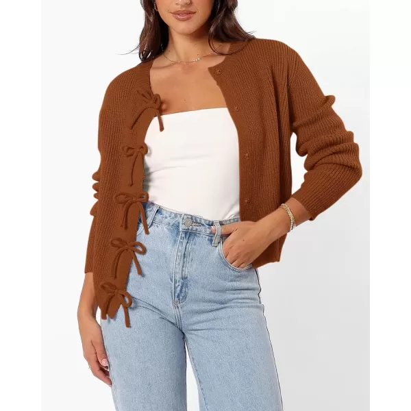 BTFBM Cardigan Sweaters for Women Trendy 2024 Fall Open Front Long Sleeve Button Down Bow Knot Cropped Lady JacketCaramel
