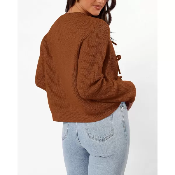 BTFBM Cardigan Sweaters for Women Trendy 2024 Fall Open Front Long Sleeve Button Down Bow Knot Cropped Lady JacketCaramel