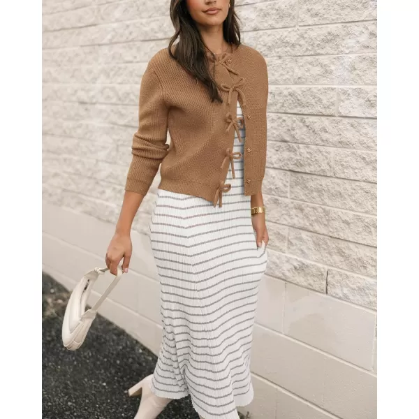 BTFBM Cardigan Sweaters for Women Trendy 2024 Fall Open Front Long Sleeve Button Down Bow Knot Cropped Lady JacketKhaki