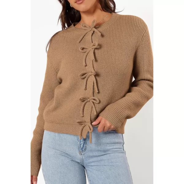 BTFBM Cardigan Sweaters for Women Trendy 2024 Fall Open Front Long Sleeve Button Down Bow Knot Cropped Lady JacketKhaki