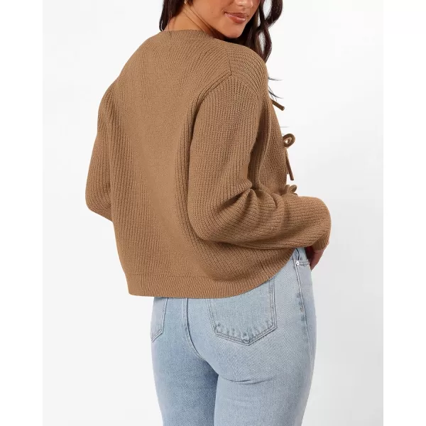 BTFBM Cardigan Sweaters for Women Trendy 2024 Fall Open Front Long Sleeve Button Down Bow Knot Cropped Lady JacketKhaki