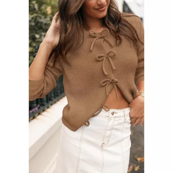 BTFBM Cardigan Sweaters for Women Trendy 2024 Fall Open Front Long Sleeve Button Down Bow Knot Cropped Lady JacketKhaki