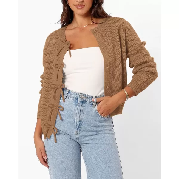 BTFBM Cardigan Sweaters for Women Trendy 2024 Fall Open Front Long Sleeve Button Down Bow Knot Cropped Lady JacketKhaki