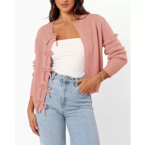 BTFBM Cardigan Sweaters for Women Trendy 2024 Fall Open Front Long Sleeve Button Down Bow Knot Cropped Lady JacketPink