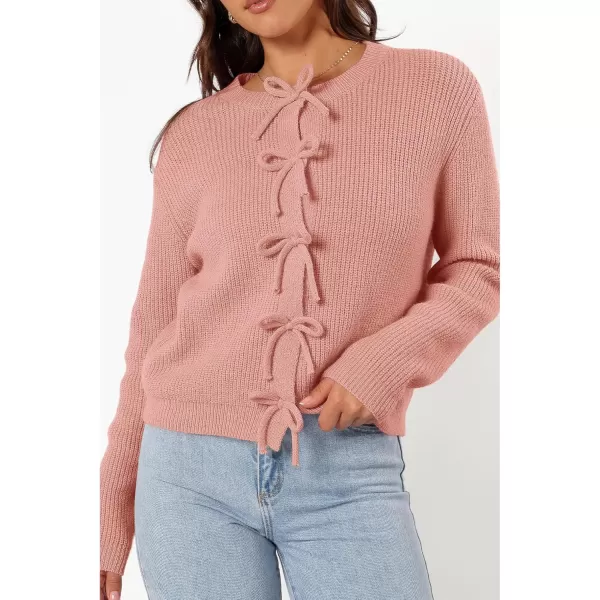 BTFBM Cardigan Sweaters for Women Trendy 2024 Fall Open Front Long Sleeve Button Down Bow Knot Cropped Lady JacketPink