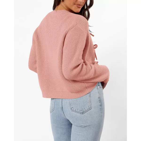BTFBM Cardigan Sweaters for Women Trendy 2024 Fall Open Front Long Sleeve Button Down Bow Knot Cropped Lady JacketPink