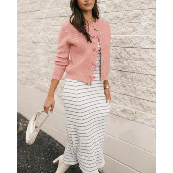 BTFBM Cardigan Sweaters for Women Trendy 2024 Fall Open Front Long Sleeve Button Down Bow Knot Cropped Lady JacketPink