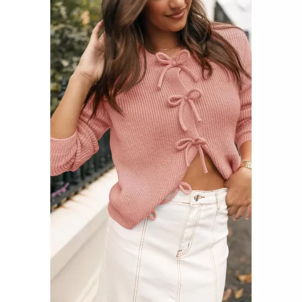 BTFBM Cardigan Sweaters for Women Trendy 2024 Fall Open Front Long Sleeve Button Down Bow Knot Cropped Lady JacketPink