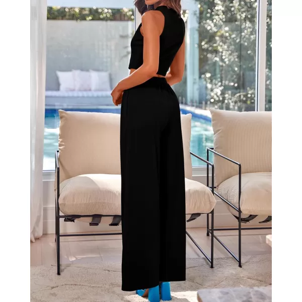BTFBM Women 2 Piece Outfits 2024 Spring Summer Tracksuits Mock Neck Sleeveless Cutout Crop Top Wide Leg Pants SweatsuitsSolid Black