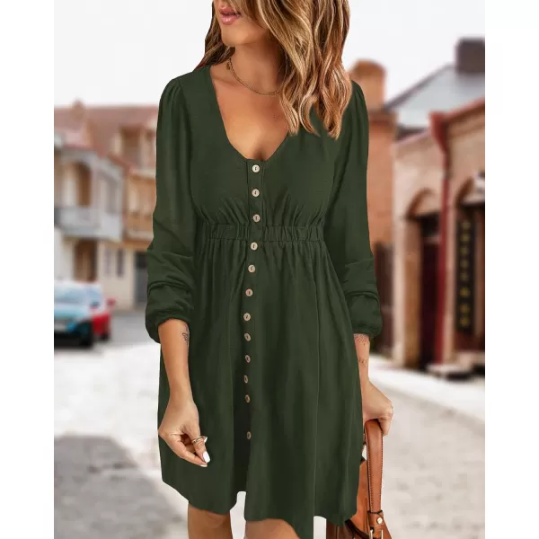 BTFBM Women 2024 Casual Button Down Summer Fall Dresses Long Sleeve Crew Neck Solid High Waist Short Tunic Mini DressLong Buttons Army Green