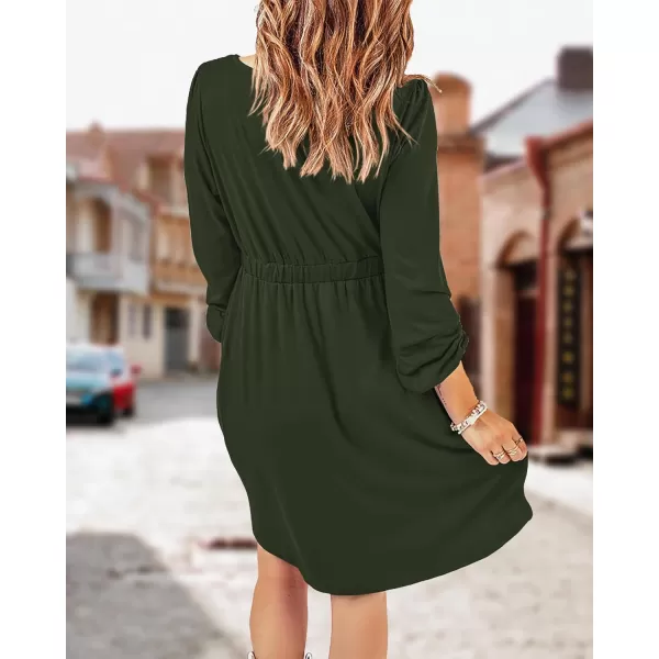 BTFBM Women 2024 Casual Button Down Summer Fall Dresses Long Sleeve Crew Neck Solid High Waist Short Tunic Mini DressLong Buttons Army Green