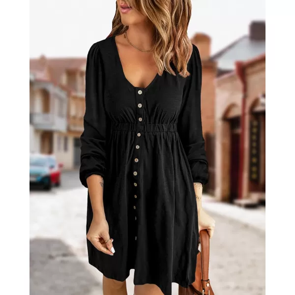 BTFBM Women 2024 Casual Button Down Summer Fall Dresses Long Sleeve Crew Neck Solid High Waist Short Tunic Mini DressLong Buttons Black