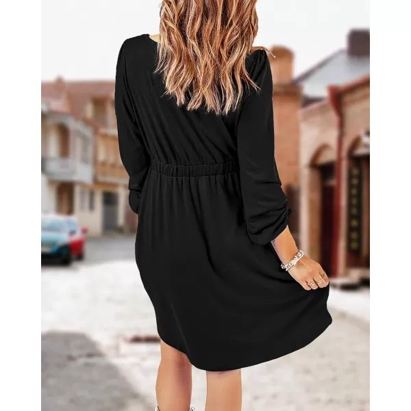 BTFBM Women 2024 Casual Button Down Summer Fall Dresses Long Sleeve Crew Neck Solid High Waist Short Tunic Mini DressLong Buttons Black