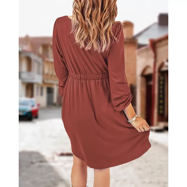 BTFBM Women 2024 Casual Button Down Summer Fall Dresses Long Sleeve Crew Neck Solid High Waist Short Tunic Mini DressLong Buttons Brick Red