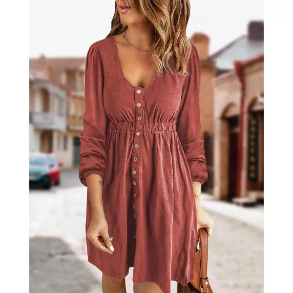 BTFBM Women 2024 Casual Button Down Summer Fall Dresses Long Sleeve Crew Neck Solid High Waist Short Tunic Mini DressLong Buttons Brick Red