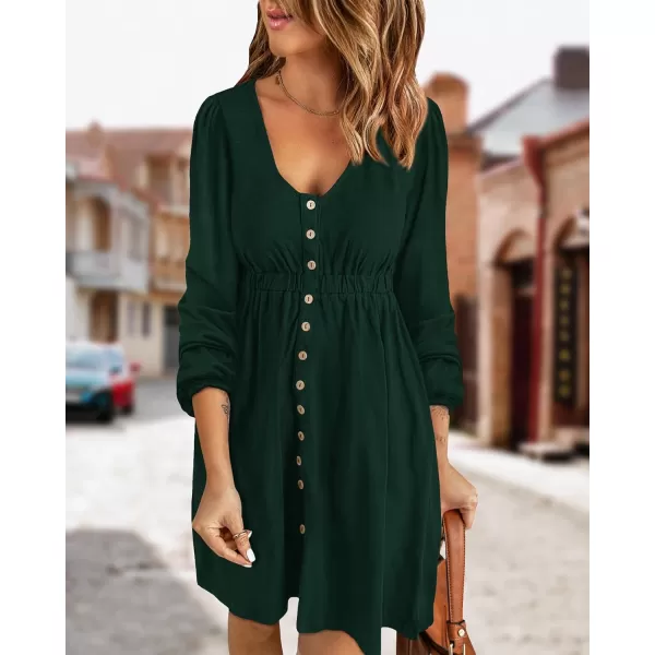 BTFBM Women 2024 Casual Button Down Summer Fall Dresses Long Sleeve Crew Neck Solid High Waist Short Tunic Mini DressLong Buttons Dark Green