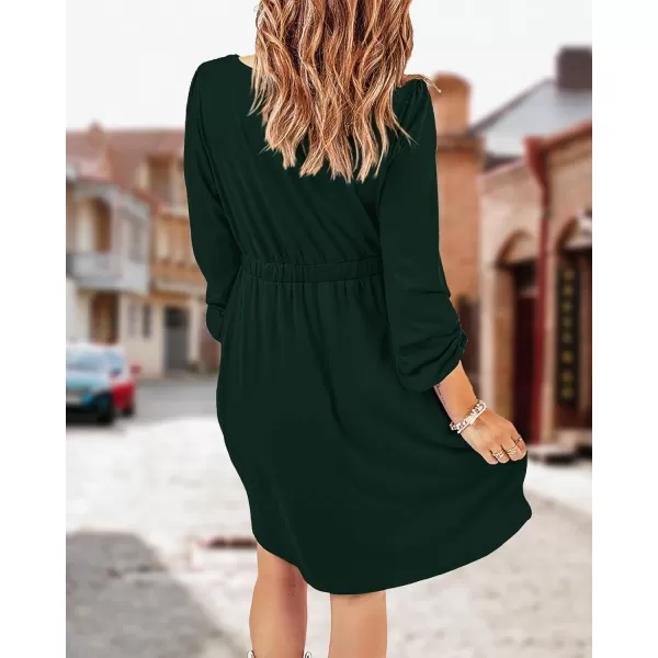 BTFBM Women 2024 Casual Button Down Summer Fall Dresses Long Sleeve Crew Neck Solid High Waist Short Tunic Mini DressLong Buttons Dark Green