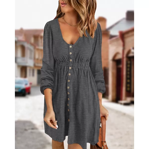 BTFBM Women 2024 Casual Button Down Summer Fall Dresses Long Sleeve Crew Neck Solid High Waist Short Tunic Mini DressLong Buttons Dark Grey