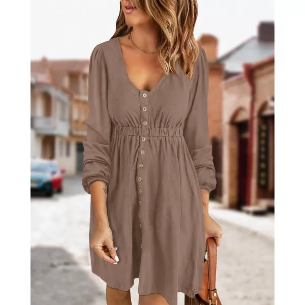 BTFBM Women 2024 Casual Button Down Summer Fall Dresses Long Sleeve Crew Neck Solid High Waist Short Tunic Mini DressLong Buttons Dark Khaki