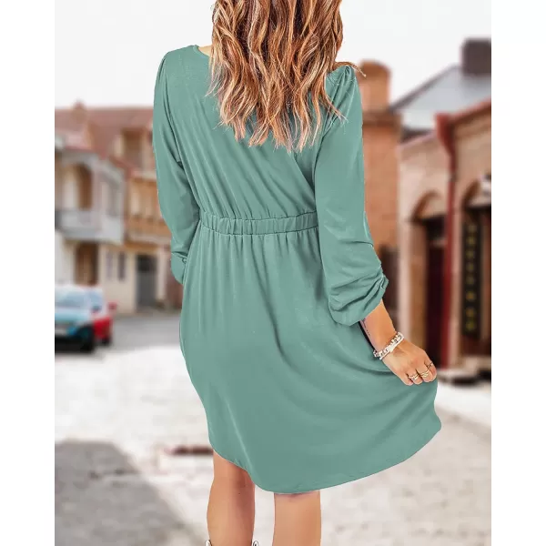 BTFBM Women 2024 Casual Button Down Summer Fall Dresses Long Sleeve Crew Neck Solid High Waist Short Tunic Mini DressLong Buttons Fruit Green