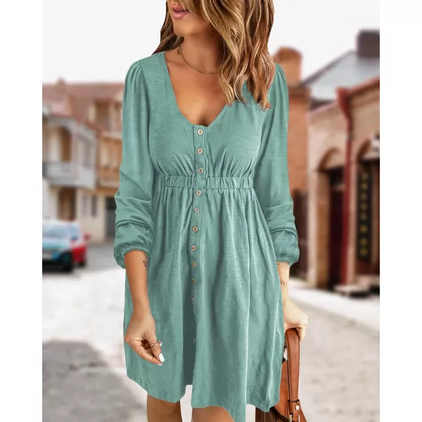 BTFBM Women 2024 Casual Button Down Summer Fall Dresses Long Sleeve Crew Neck Solid High Waist Short Tunic Mini DressLong Buttons Fruit Green