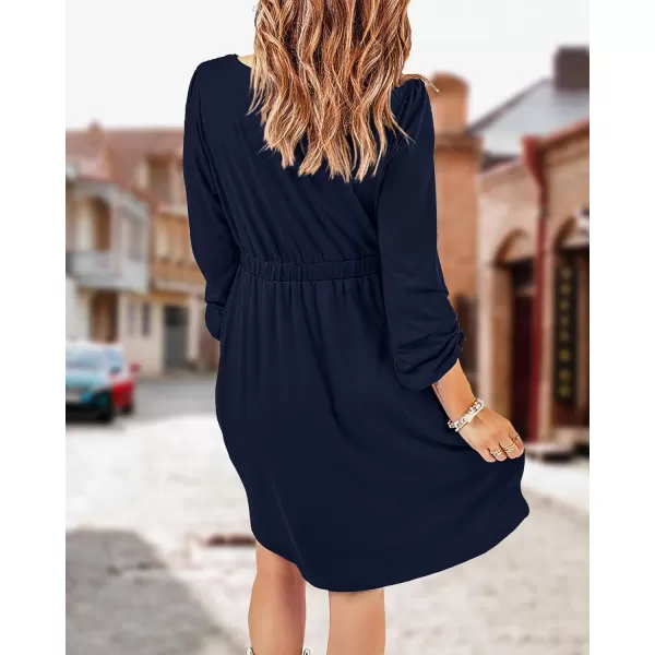 BTFBM Women 2024 Casual Button Down Summer Fall Dresses Long Sleeve Crew Neck Solid High Waist Short Tunic Mini DressLong Buttons Navy