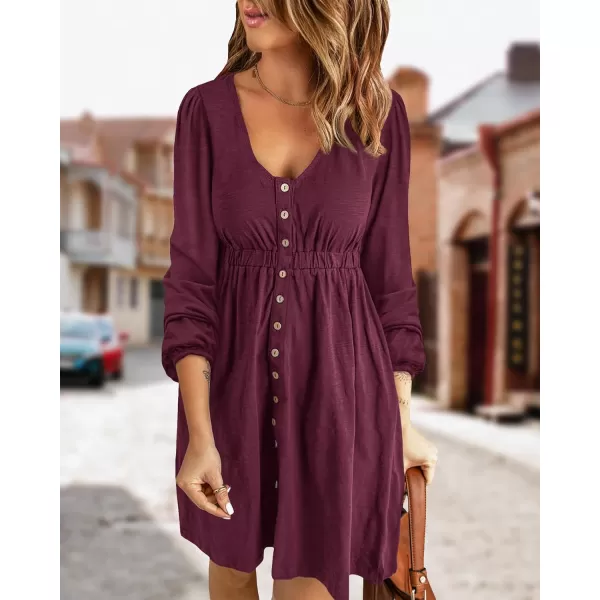 BTFBM Women 2024 Casual Button Down Summer Fall Dresses Long Sleeve Crew Neck Solid High Waist Short Tunic Mini DressLong Buttons Wine Red