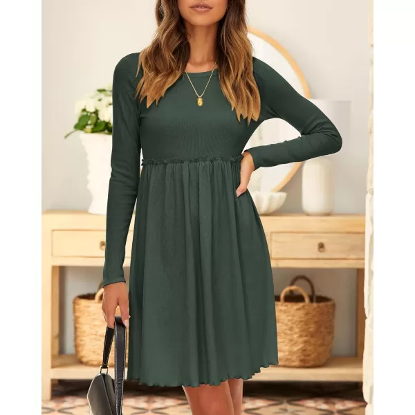 BTFBM Women 2024 Casual Button Down Summer Fall Dresses Long Sleeve Crew Neck Solid High Waist Short Tunic Mini DressLong Sleeve Army Green