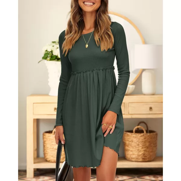 BTFBM Women 2024 Casual Button Down Summer Fall Dresses Long Sleeve Crew Neck Solid High Waist Short Tunic Mini DressLong Sleeve Army Green
