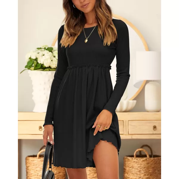 BTFBM Women 2024 Casual Button Down Summer Fall Dresses Long Sleeve Crew Neck Solid High Waist Short Tunic Mini DressLong Sleeve Black