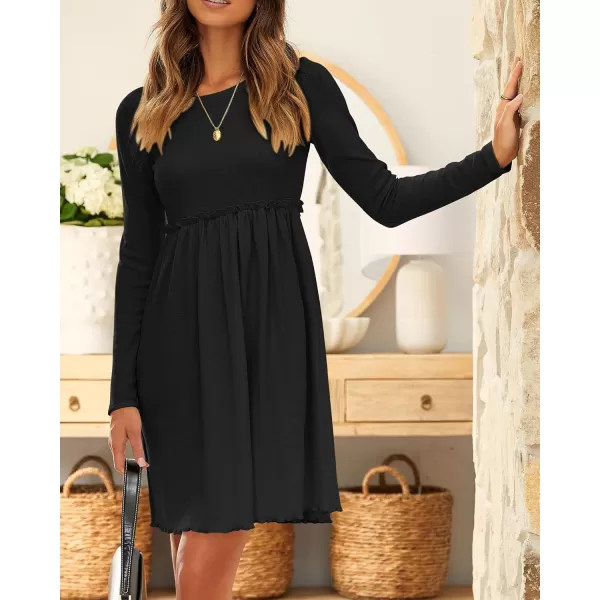 BTFBM Women 2024 Casual Button Down Summer Fall Dresses Long Sleeve Crew Neck Solid High Waist Short Tunic Mini DressLong Sleeve Black