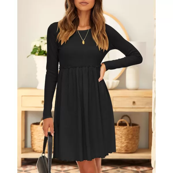 BTFBM Women 2024 Casual Button Down Summer Fall Dresses Long Sleeve Crew Neck Solid High Waist Short Tunic Mini DressLong Sleeve Black