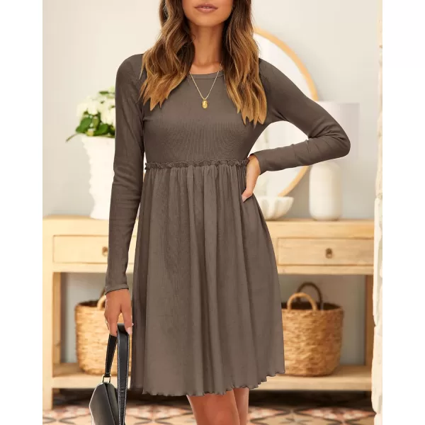 BTFBM Women 2024 Casual Button Down Summer Fall Dresses Long Sleeve Crew Neck Solid High Waist Short Tunic Mini DressLong Sleeve Coffee