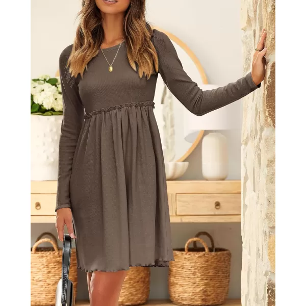 BTFBM Women 2024 Casual Button Down Summer Fall Dresses Long Sleeve Crew Neck Solid High Waist Short Tunic Mini DressLong Sleeve Coffee