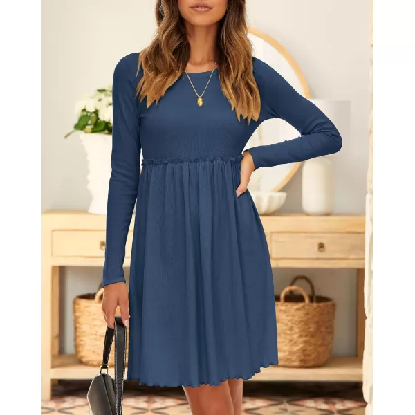 BTFBM Women 2024 Casual Button Down Summer Fall Dresses Long Sleeve Crew Neck Solid High Waist Short Tunic Mini DressLong Sleeve Dark Blue