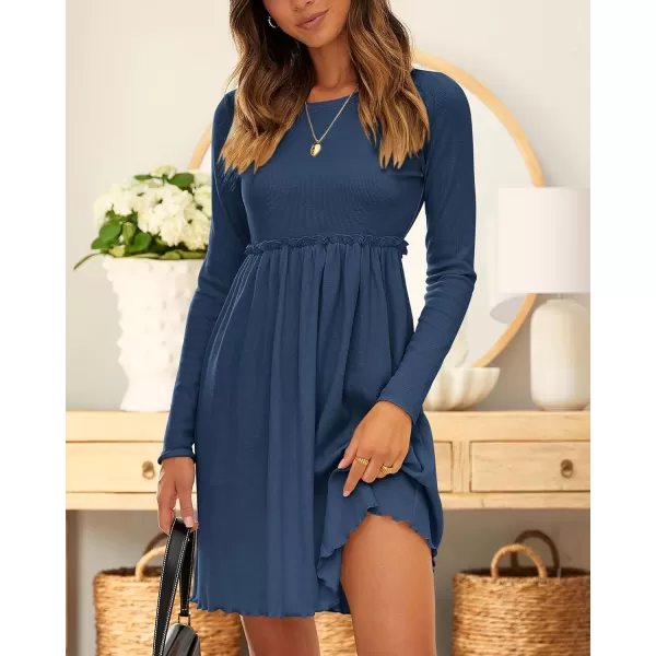BTFBM Women 2024 Casual Button Down Summer Fall Dresses Long Sleeve Crew Neck Solid High Waist Short Tunic Mini DressLong Sleeve Dark Blue