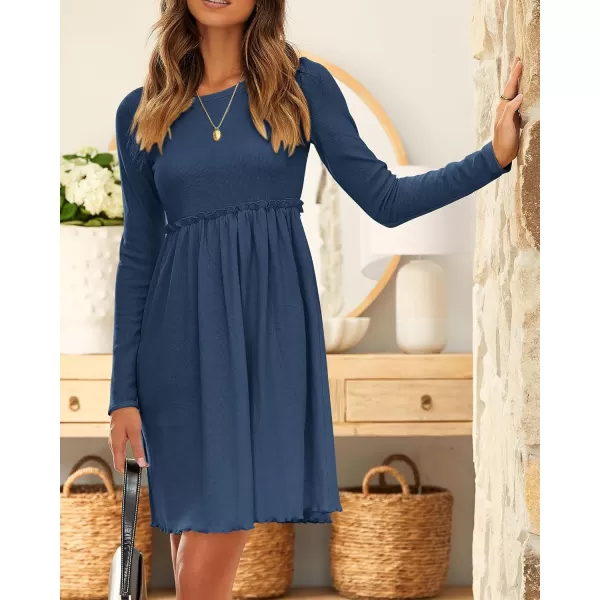 BTFBM Women 2024 Casual Button Down Summer Fall Dresses Long Sleeve Crew Neck Solid High Waist Short Tunic Mini DressLong Sleeve Dark Blue