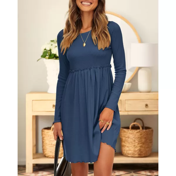 BTFBM Women 2024 Casual Button Down Summer Fall Dresses Long Sleeve Crew Neck Solid High Waist Short Tunic Mini DressLong Sleeve Dark Blue