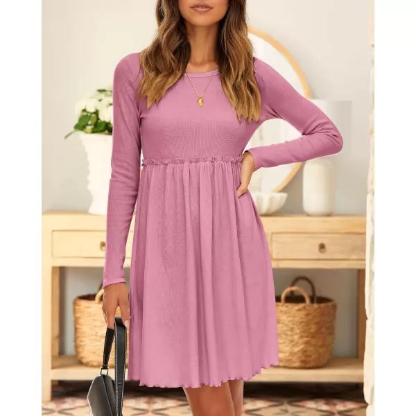 BTFBM Women 2024 Casual Button Down Summer Fall Dresses Long Sleeve Crew Neck Solid High Waist Short Tunic Mini DressLong Sleeve Pink